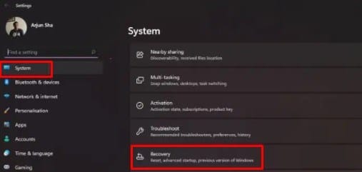 settings > system > recovery in Windows 11