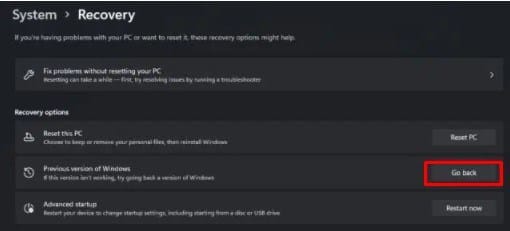 Previous version of Windows in settings of Windows 11