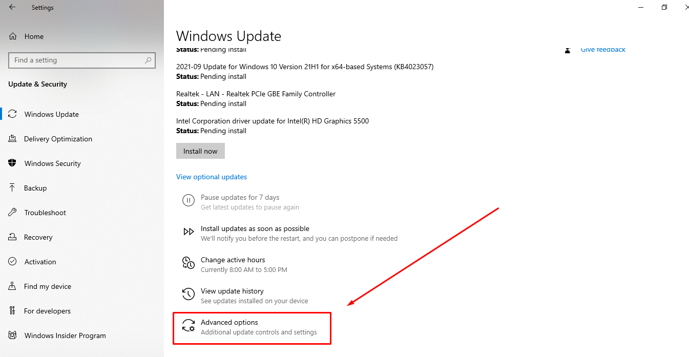 "Advanced" tab in windows update settings in windows 10