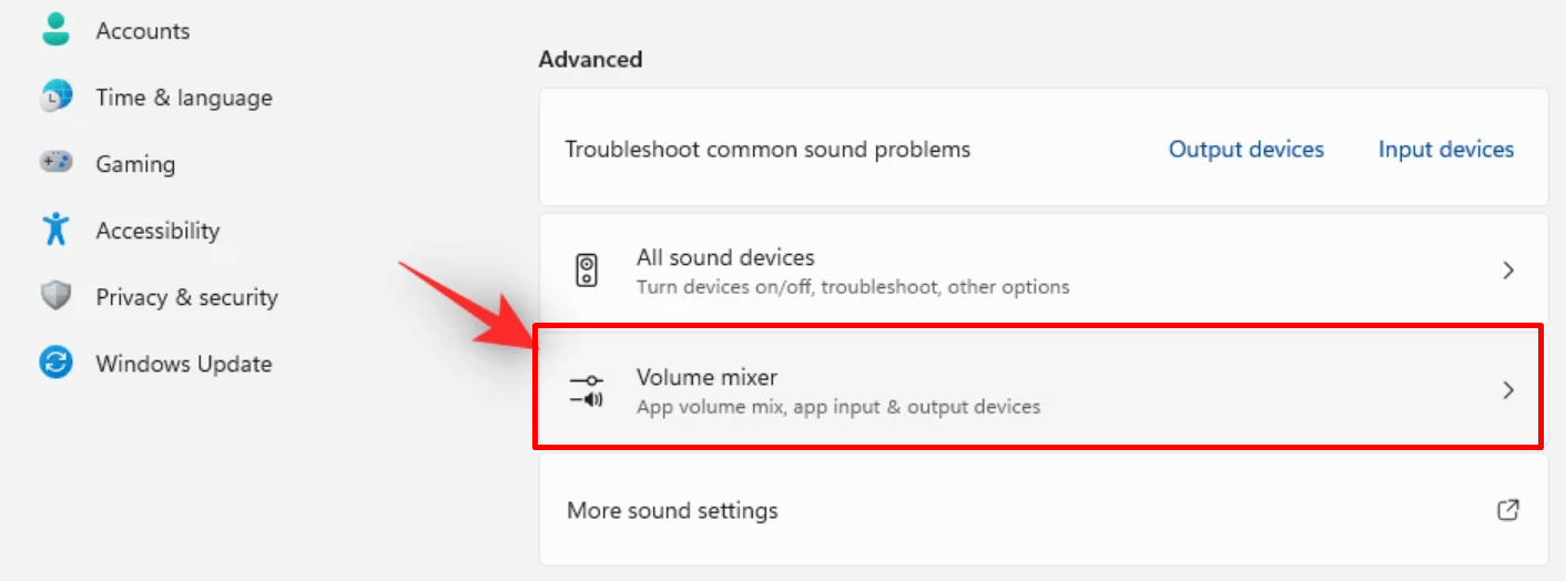 volume mixture option in Windows 11 to reset the audio settings