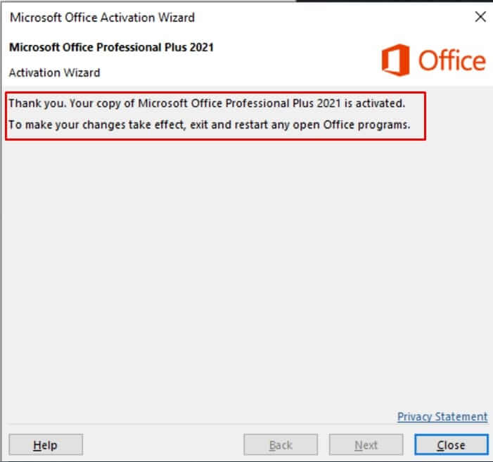 Microsoft Office 2021 activation - thank you page