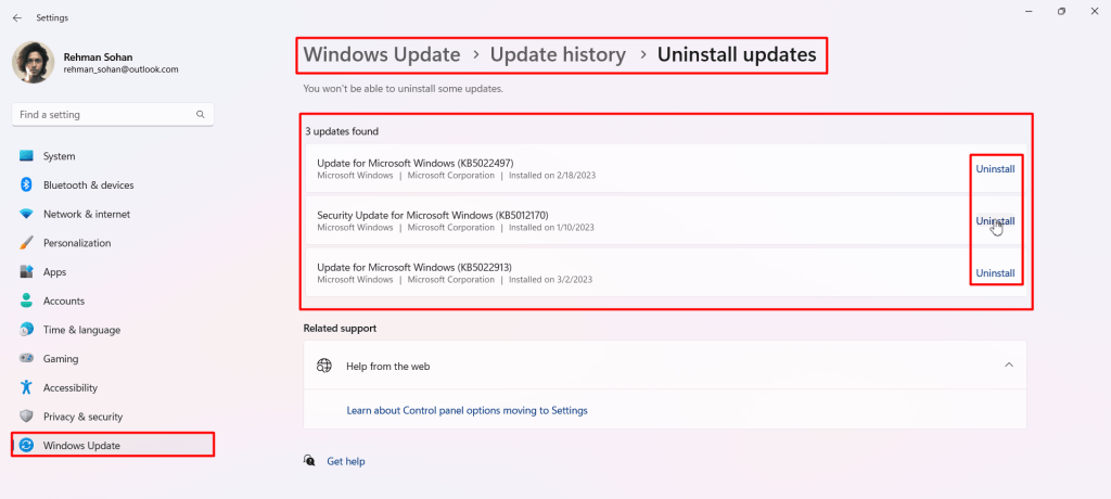 Uninstall Updates in windows update