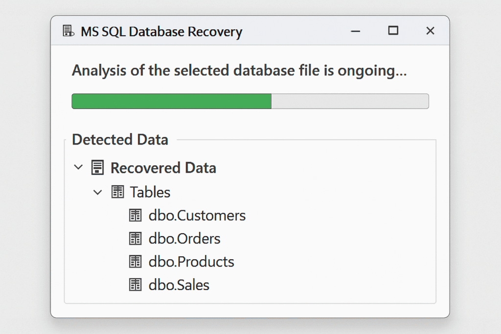 analysis of the selected database file is ongoing in MS SQL Recovery