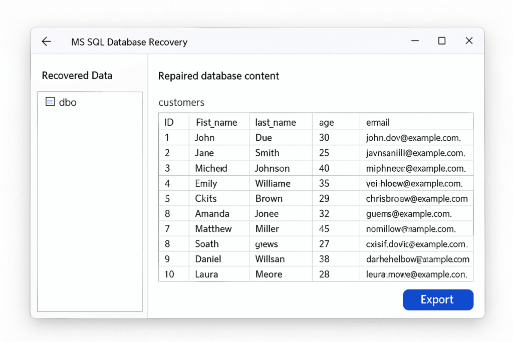 Preview the repaired database first, and click on the “Export” to save the repaired database in MS SQL Recovery
