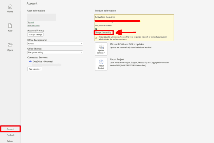 How to Download Microsoft Project 2024, Install and Activate 9 Account settings with Microsoft activation notice